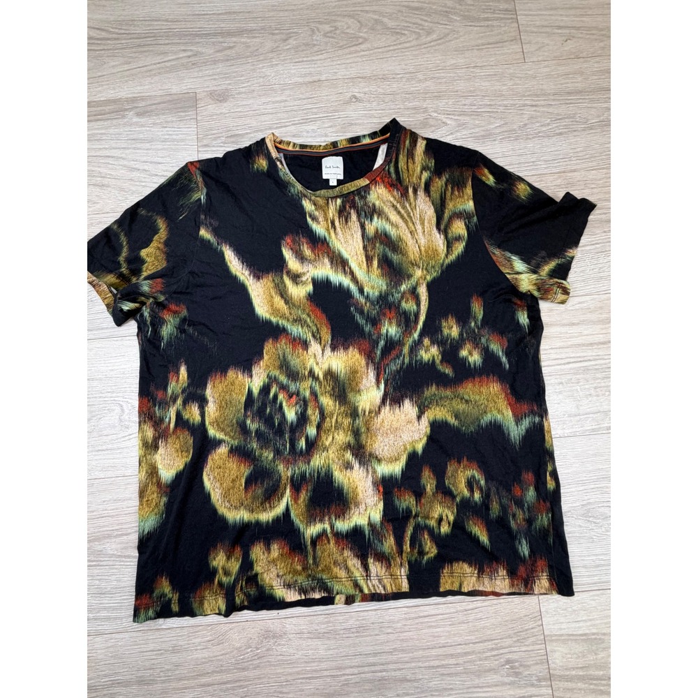 Paul Smith Mens Blurred Floral Graphic T-Shirt Black Cotton Size L Made in Portu